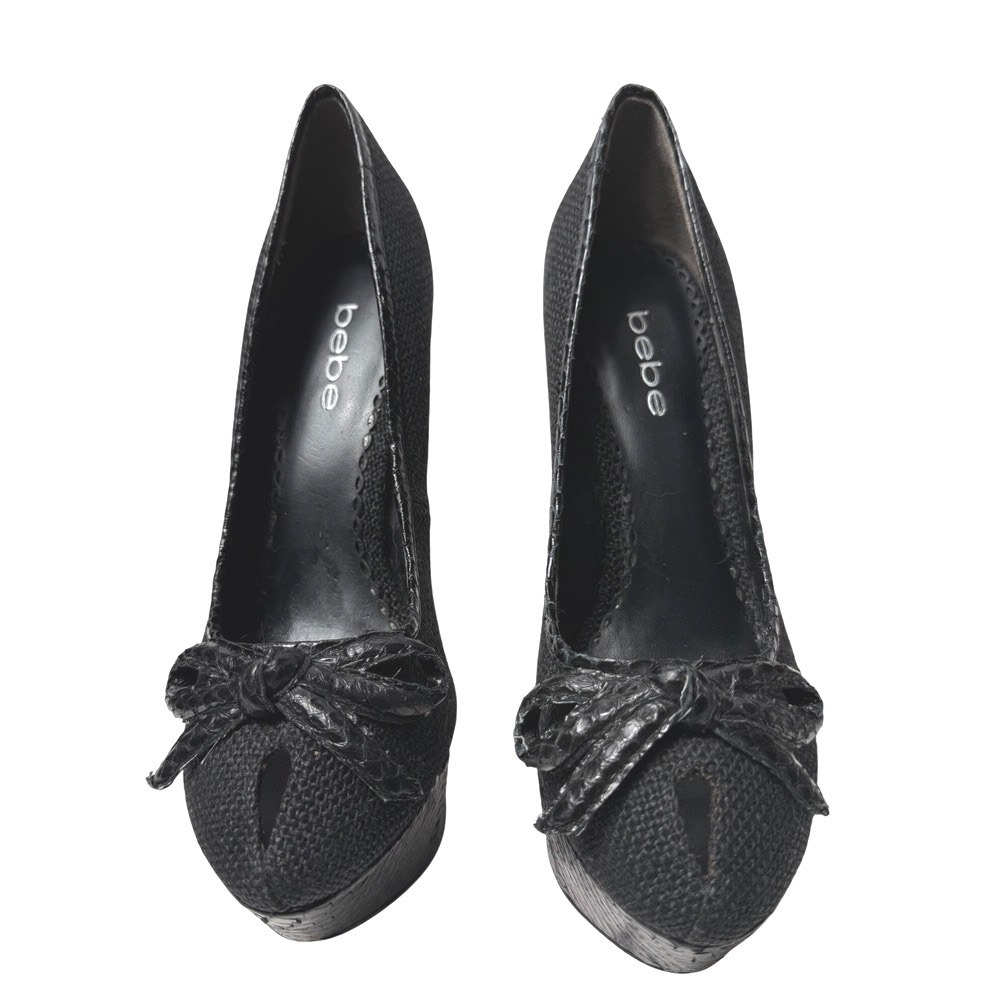 Bebe 2000s‎ Platform Pumps Black Bow Peep Toe 5 Inch Heel Size 6M